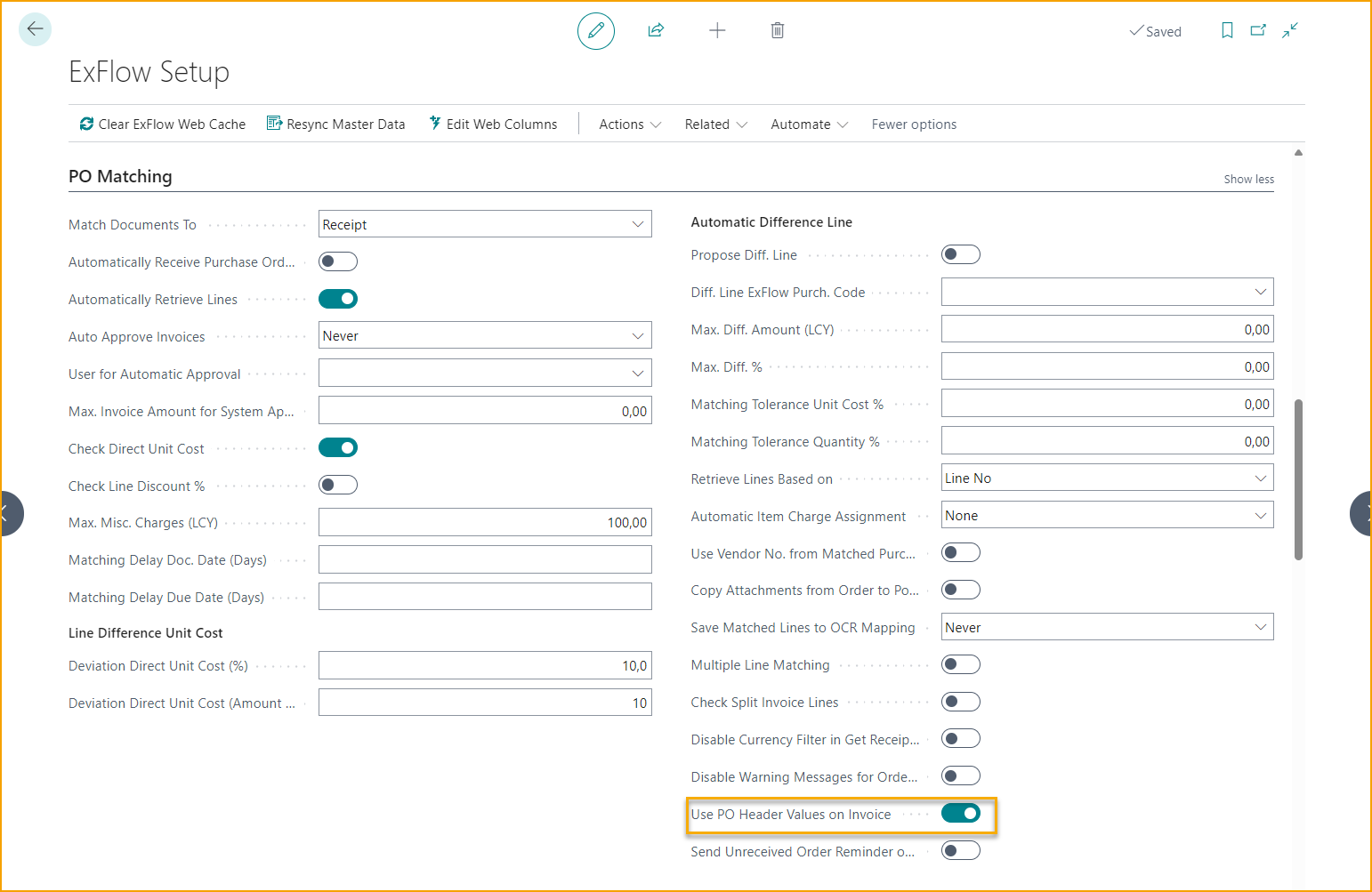 Activate Use PO Header Values on Invoice – ExFlow Setup