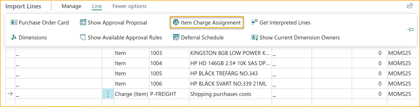 ExFlow Import journal - Import Lines - Item Charge Assignment
