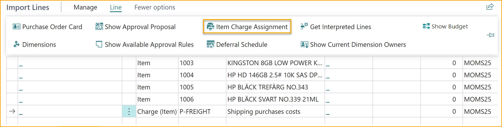 ExFlow Import journal - Import Lines - Item Charge Assignment