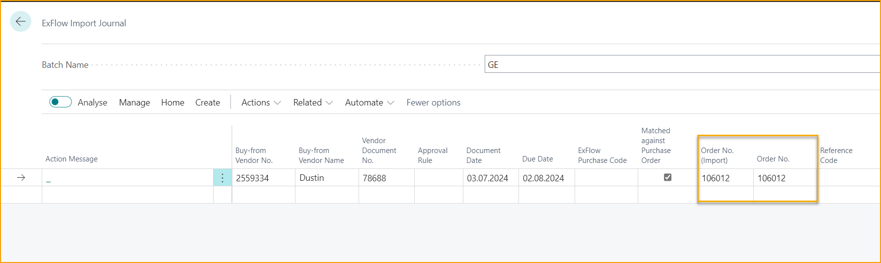 ExFlow Import Journal - Order No.