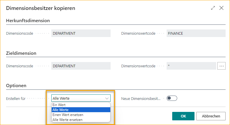 Dimensionsverantwortliche kopieren