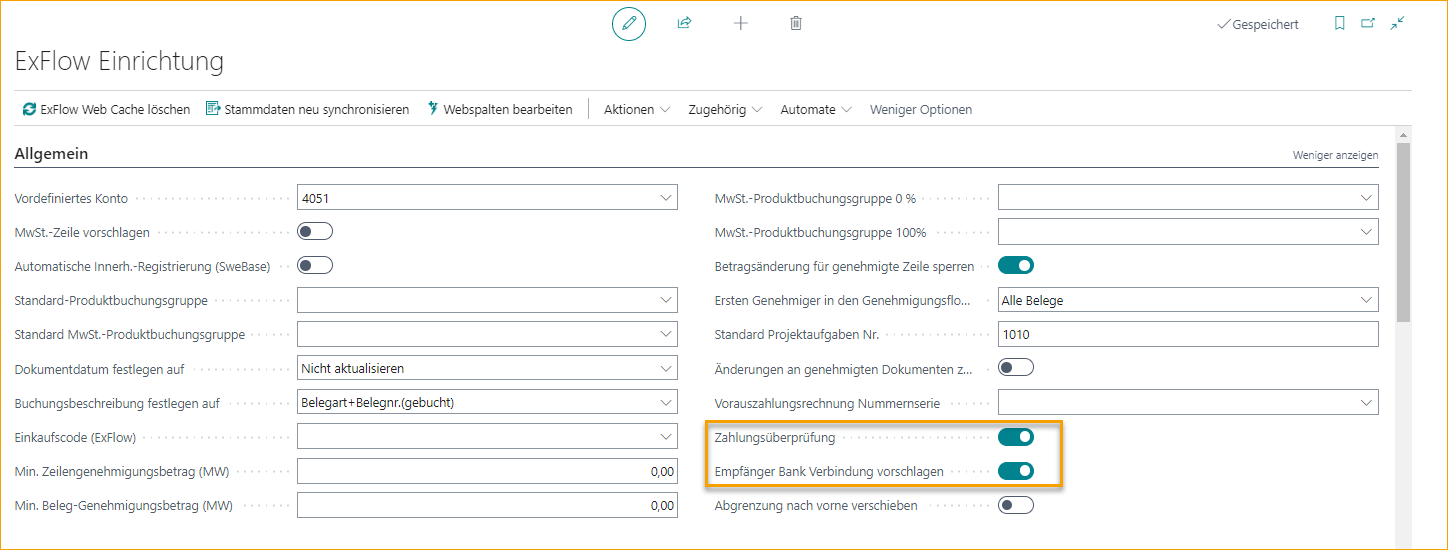 ExFlow Setup - Zahlungsvalidierung und Empfängerbankkonto vorschlagen