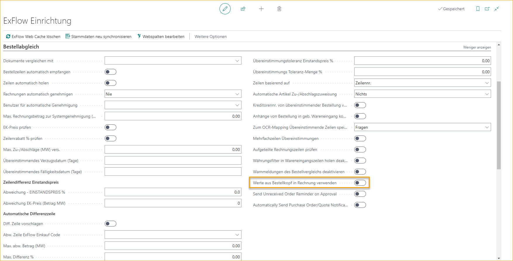 Aktivieren Sie die Verwendung von PO-Kopfwerten auf Rechnung – ExFlow-Einrichtung