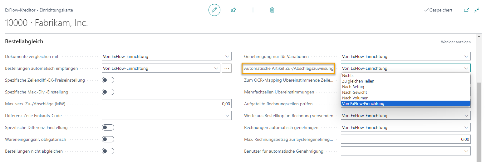 ExFlow Lieferanteneinstellungen - Automatische Artikelkostenverteilung