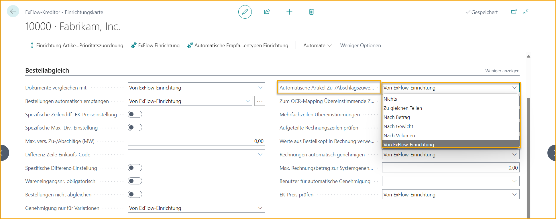 ExFlow Lieferanteneinstellungen - Automatische Artikelkostenverteilung