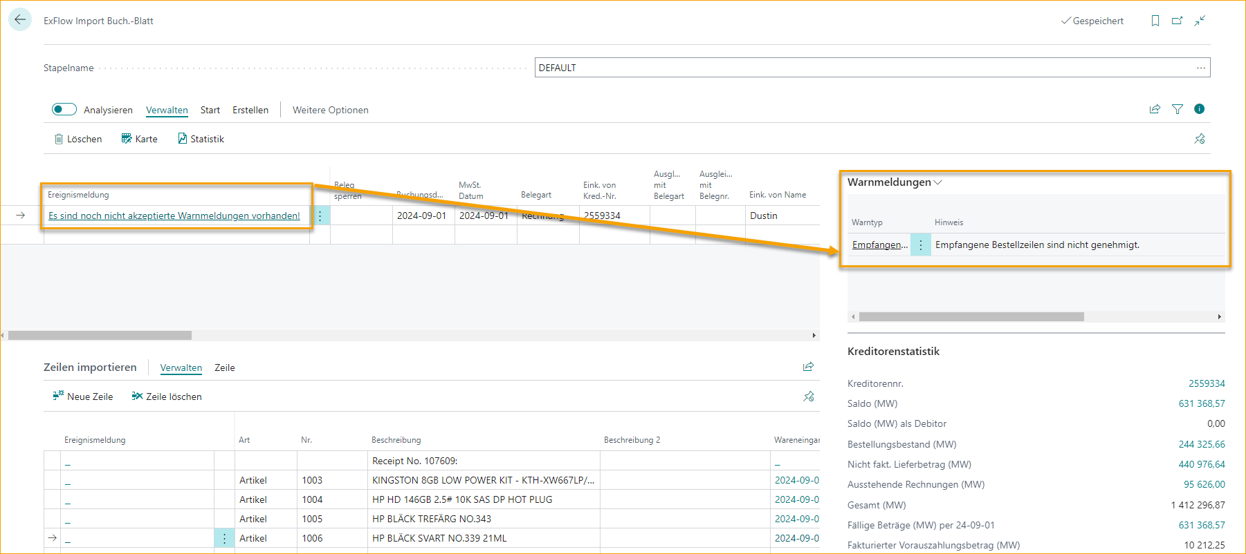 ExFlow Import Journal - Warnmeldungen