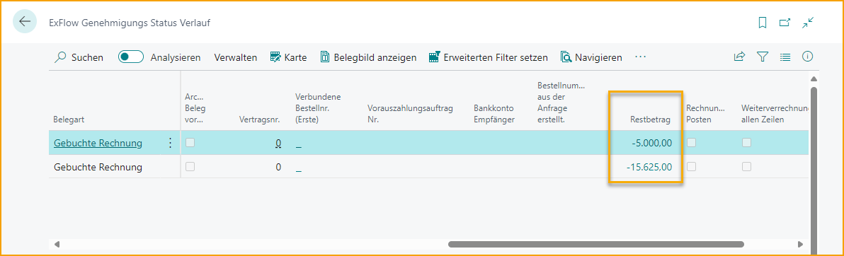 ExFlow Genehmigungsstatusverlauf - Restbetrag