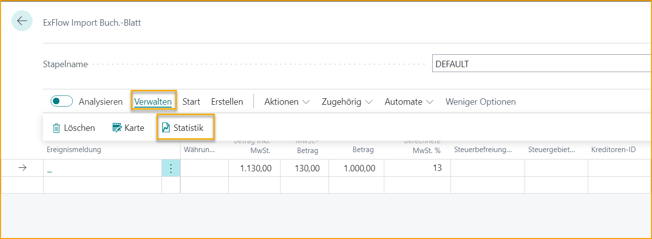 ExFlow Import Journal -- Statistik