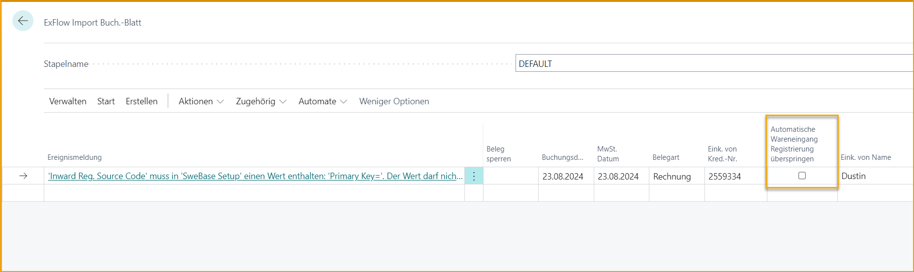 ExFlow Import Journal -- Autom. Wareneingangsbuchung überspringen