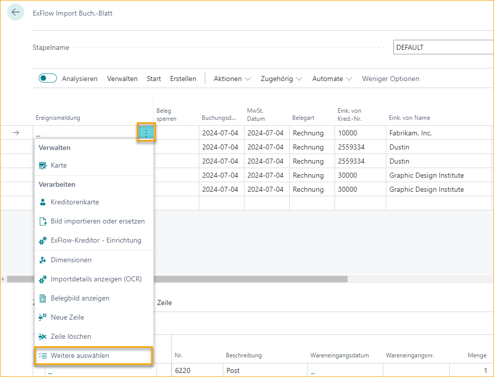 ExFlow Import Journal - Mehr auswählen