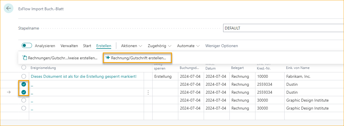 ExFlow Import Journal - Mehrere Dokumente auswählen und erstellen