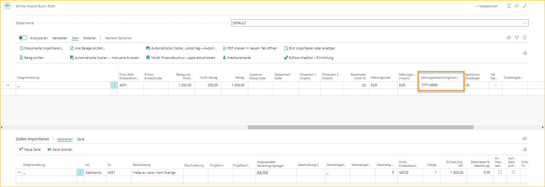 ExFlow Import Journal - Zahlungsvalidierung Kontonummer