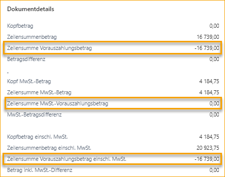 ExFlow Importjournal - Dokumentdetails für Vorauszahlung