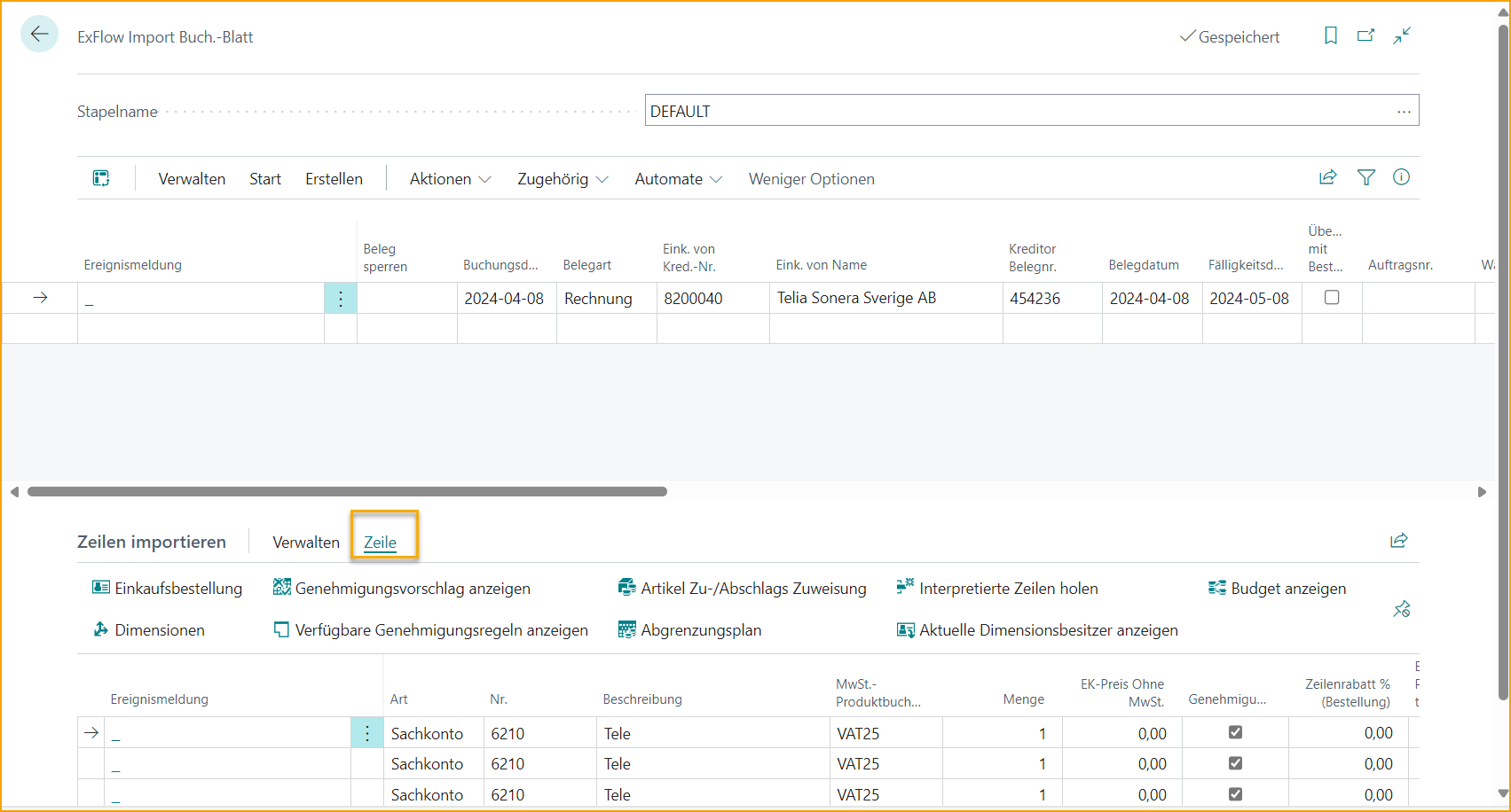 ExFlow Import Journal -- Importzeilen