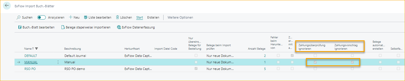 ExFlow Import Journals - Zahlungsvalidierung und Zahlungsvorschlag ignorieren