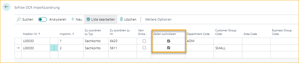 ExFlow OCR-Import-Mapping - Zeilen aggregieren