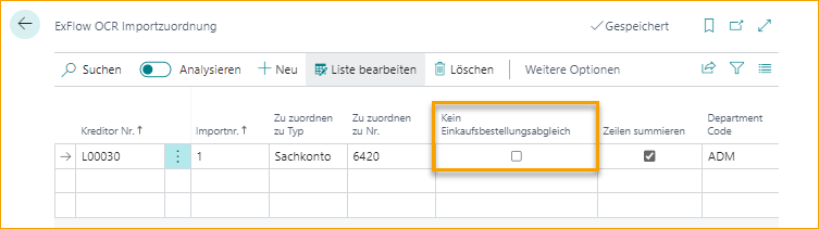 ExFlow OCR-Import-Mapping - Keine Bestellabgleichung - Deaktiviert