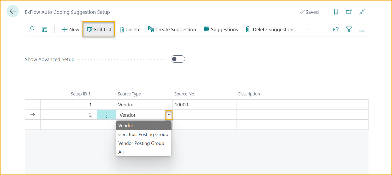 Configuración de Sugerencia de Codificación de ExFlow