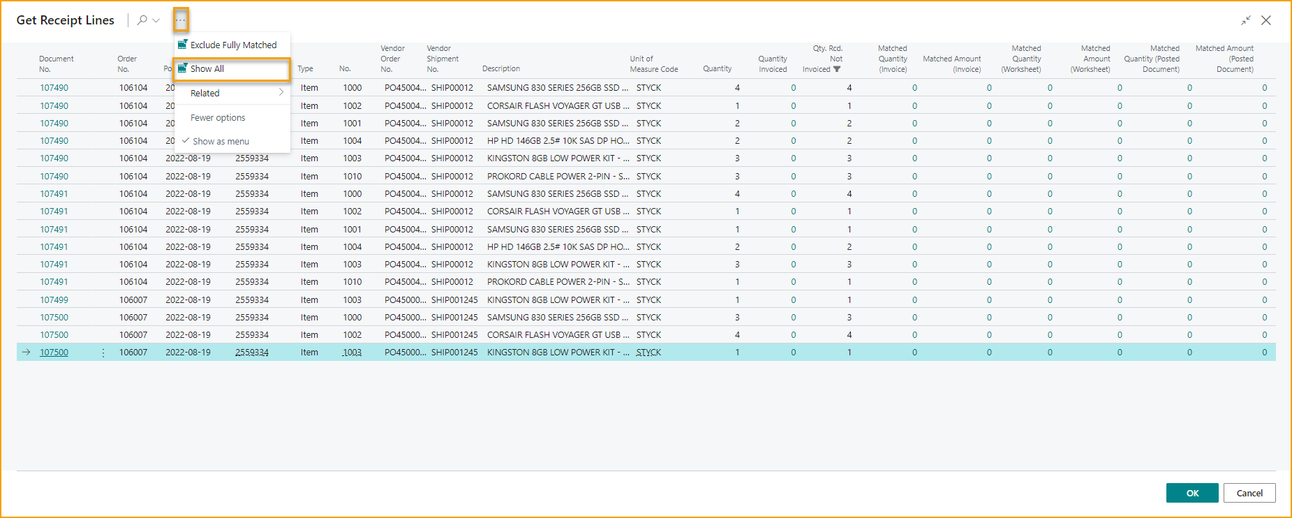 Diario de Importación de ExFlow - Obtener Líneas de Recibo - Lista de Recibos después de Excluir Completamente Emparejadas