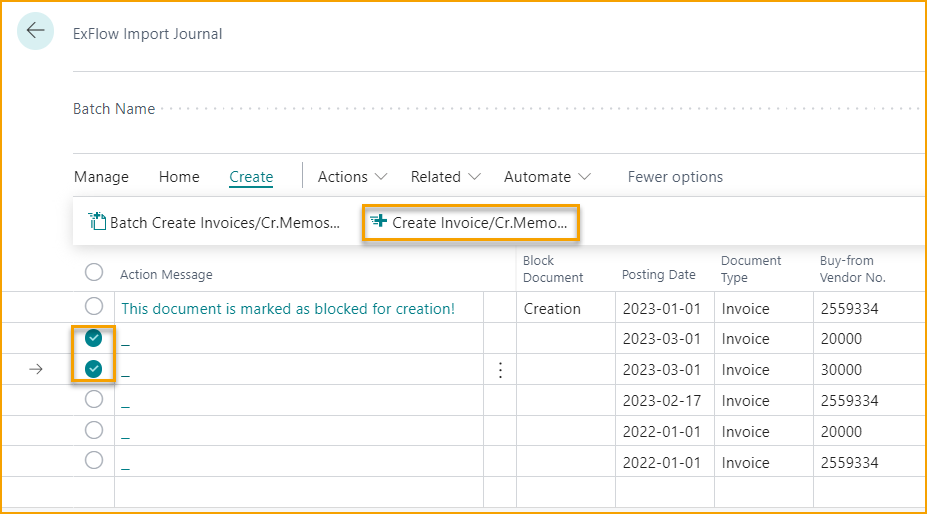 Diario de Importación de ExFlow - Seleccionar y crear múltiples documentos