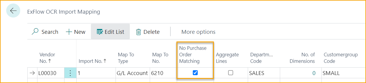 Mapeo de Importación OCR de ExFlow - Sin Coincidencia de Orden de Compra - Habilitado