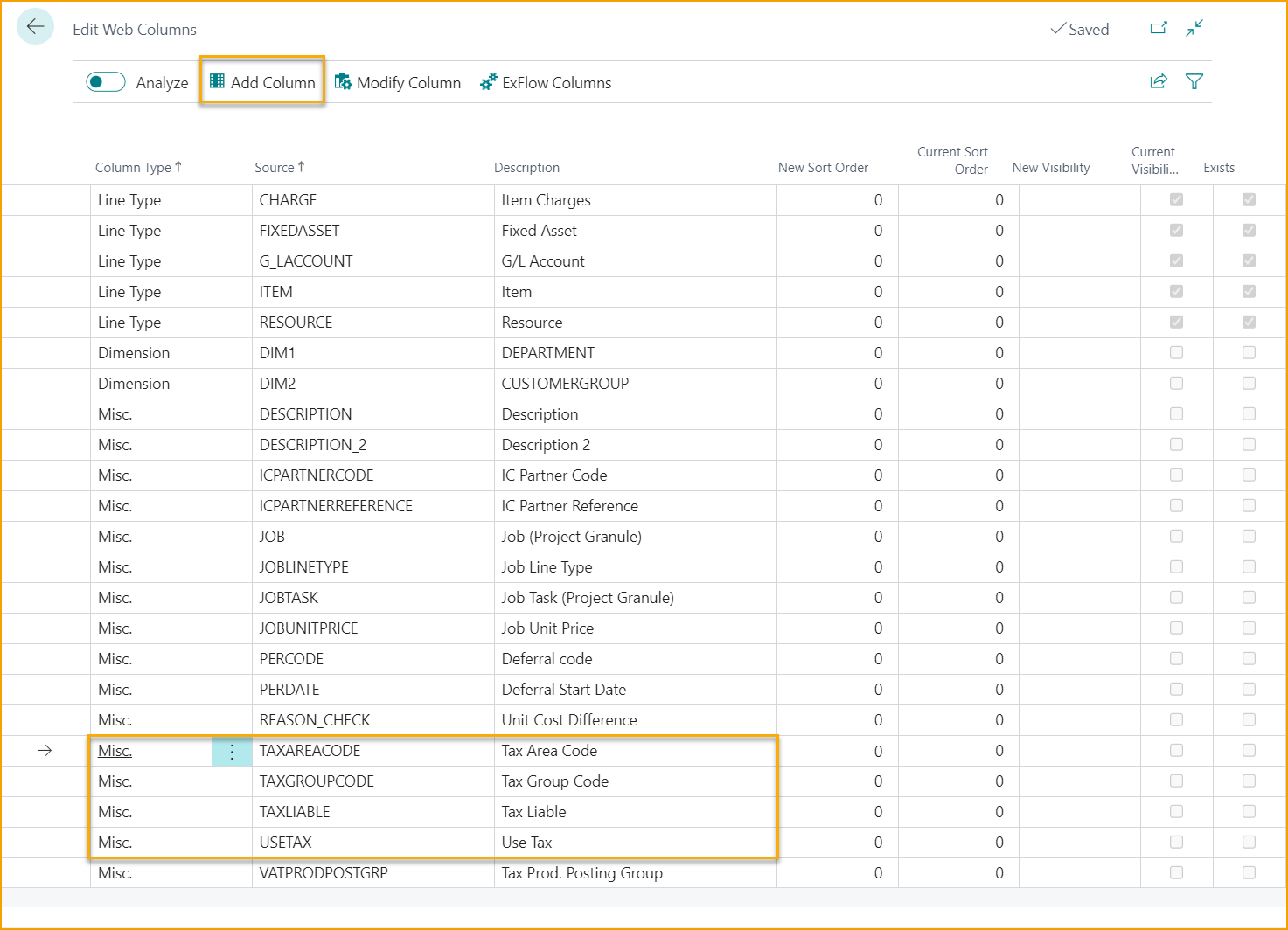 Columnas de ExFlow Web