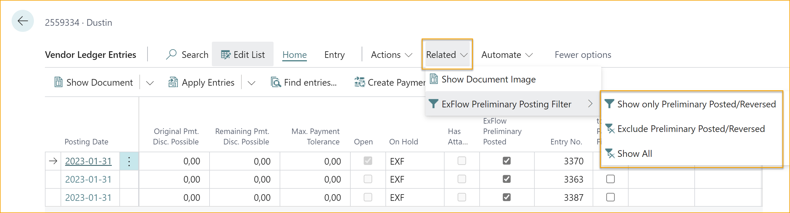 Entradas de Libro Mayor de Proveedores - Filtro de Publicación Preliminar de ExFlow